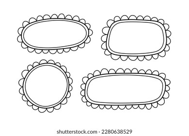 Doodle circle and square scalloped frames. Hand drawn scalloped edge rectangle and ellipse shapes. Simple label form. Flower silhouette lace frame. Vector illustration isolated on white background.
