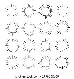 Doodle circle sunburst, sparkle ray set. Hand drawn sketch style. Shine frame symbol for badge. Vector illustration.