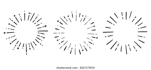 Doodle circle sunburst, sparkle ray set. Hand drawn sketch style. Shine frame symbol for badge. Vector illustration.