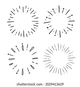 Doodle Kreis Sonnenburst, Funkelstrahl-Set. Handgezeichnete Skizze. Shine frame Symbol für Abzeichen. Vektorgrafik.