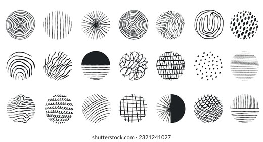 Círculos de doodle. Resumen de un patrón mínimo dibujado a mano. Formas redondeadas aisladas y gotas o trazos de tinta elementos decorativos, garabatos de formas modernas. Fondo minimalista. Puntos y líneas negros, conjunto de vectores