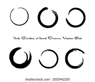 Doodle circles hand painted vector set. Dry brushed watercolor enso symbol collection. Ink textured rings. Circular abstract calligraphy elements. Scribble round shapes