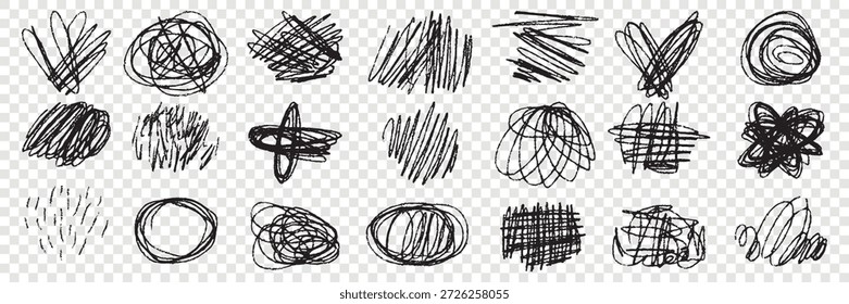 Círculos de rabiscar feitos com traçados de caneta confusos e texturas de rascunho de lápis. Decorações de planilha para educação com uma borda rascunho de caneta confusa.