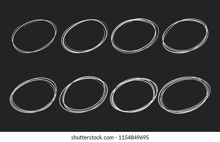 Doodle circles sketch set. Vector white paint or chalk circle scribble drawing isolated on black background