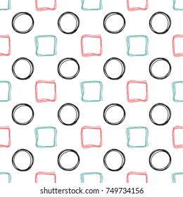 Doodle Circles and squares seamless pattern. Abstract geometric background