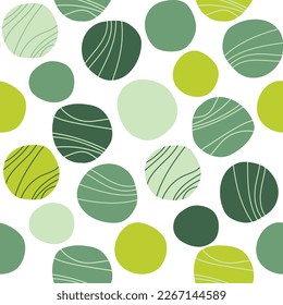 Doodle circles with wavy lines. Abstract green nature seamless pattern