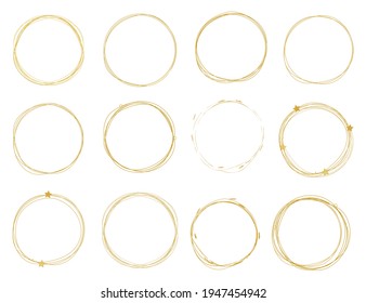 Doodle circular elements. Gold rings vector set. Scribble round shapes, tattoo templates. Irregular circle combinations. Round logo elements collection. Minimal graphic shapes. Golden frames set