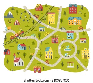 Doodle City Baby Map Carpet. Childish Nursery Town Print With Houses, Cars, Roads, Mountain, Hospital, Train, Trees, Fire Engine, Police Car, Garbage Truck, School, Church, Railway.