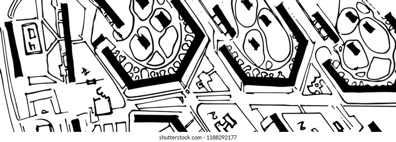 Doodle city map texture. Urban architecture plan, engineering drawing. Street map. Architectural banner. Vector illustration.