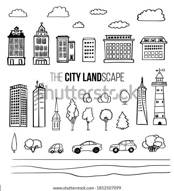Doodle city sketch. Buildings, lighthouse,\
tree, cloud, transport, car, skyscraper. Vector black line\
illustration on white background. Cityscape town cartoon landscape.\
Urban street\
architecture.