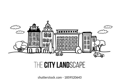 Doodle city sketch. Panoramic retro buildings tree, car. Vector black line illustration on white background. Cityscape town outline cartoon landscape. Urban street architecture. Modern office industry