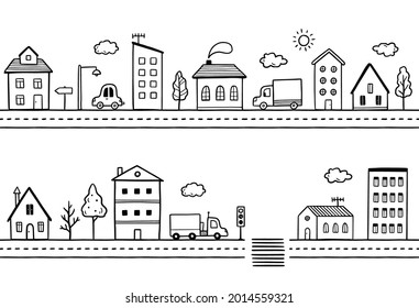 Doodle city street with house. Hand drawn sketch style. House building with roof. Vector illustration for village, town pattern, background.