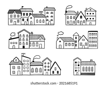 Doodle city street with house. Hand drawn sketch style. House building with roof. Vector illustration for village, town pattern, background.