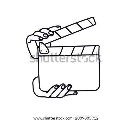 Doodle clapperboard open in the hands of the outline. Hand-drawn vector illustration of movie clapperboard isolated on white background. Cartoon cinematography tool black on white.