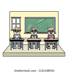 doodle classroom with students sitting school desk