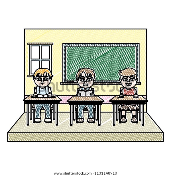 Doodle Classroom Students Sitting School Desk Stock Vector