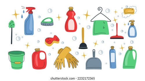 Equipamiento de limpieza de perros, botellas de limpieza. Desinfecte las herramientas de la casa, la estaca y el pulverizador, el hogar de moda, los detergentes en diferentes recipientes. Elementos de estilo de dibujos animados. Ilustración de equipo aislado del vector