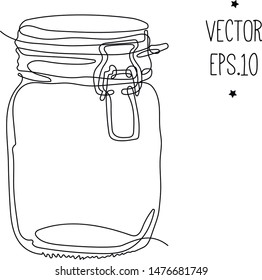 doodle clean glass jar with lid. One continuous line illustration. White and black.