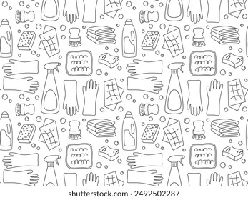 Doodle Cleaning elements seamless pattern. Black and white illustration. Outline drawn Sponge, brush, spray, gloves, bubbles. Cleaning service Background. Spring clean elements in sketch style 