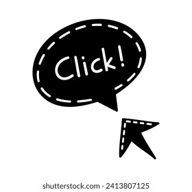 Doodle click button. Mouse cursor with text for website or computer application, hand drawn vector arrow pointer