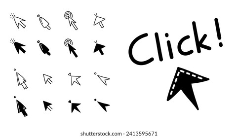 Doodle click button set. Different mouse cursors with lettering for website or computer application, hand drawn vector arrow pointer
