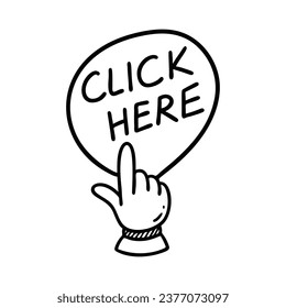 Doodle click here button. Hand drawn sketch cursor icon. Web site register. Freehand vector illustration of mouse cursor