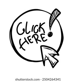 Doodle click here button. Hand drawn sketch cursor icon. Web site register. Freehand vector illustration of mouse cursor