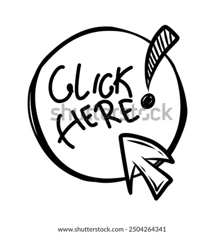 Doodle click here button. Hand drawn sketch cursor icon. Web site register. Freehand vector illustration of mouse cursor