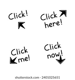 Doodle click here button. Mouse cursor for website or computer application, hand drawn vector arrow pointer