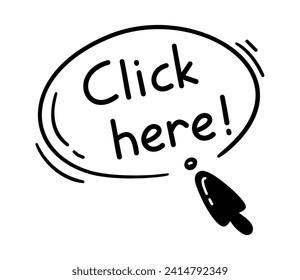 Doodle click here cursor. Mouse button icon with text for website or computer application, hand drawn vector arrow pointer