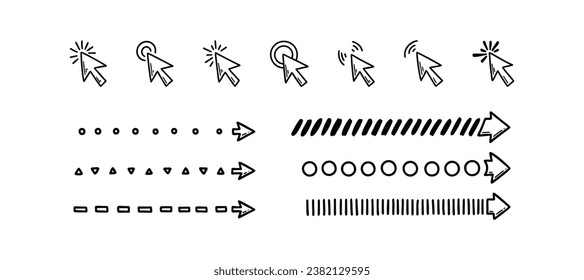 Icono de botón y conjunto de flechas. Cursor del ratón dibujado a mano. Esbozar ilustración vectorial. Colección de punteros de doodle dot, dash, círculo directo estrechos.