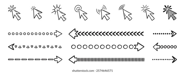 Doodle click icon and hand drawn arrows set. Doodle line mouse cursor. Vector illustration