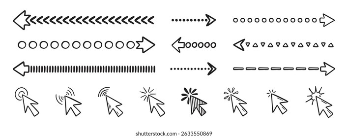Doodle click icon and hand drawn arrows set. Doodle line mouse cursor. Vector illustration