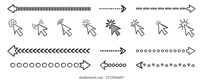 Doodle click icon and hand drawn arrows set. Doodle line mouse cursor. Vector illustration
