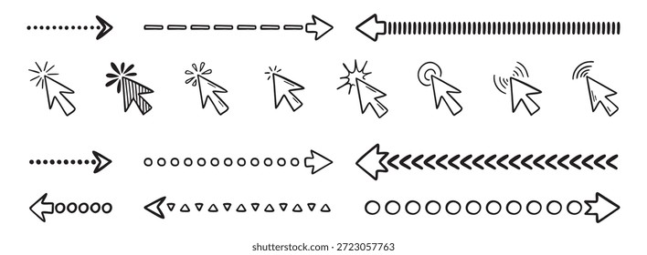 Icono de Hacer clic Doodle y conjunto de flechas dibujadas a mano. Cursor de ratón de línea Doodle. Ilustración vectorial