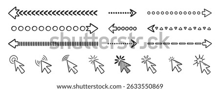 Doodle click icon and hand drawn arrows set. Doodle line mouse cursor. Vector illustration