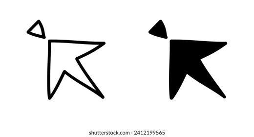 Doodle click icon in point and press positions. Hand drawn mouse cursor or arrow. Computer pointer in sketch style.