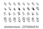 Doodle click icon set. Hand drawn mouse cursor. Press here tap button. Arrow and finger pointer. Sketch vector illustration