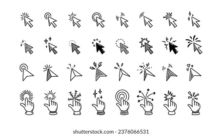 Doodle click icon set. Hand drawn mouse cursor. Press here tap button. Arrow and finger pointer. Sketch vector illustration