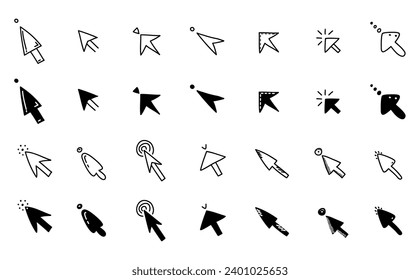 Doodle click icon set. Hand drawn mouse cursor button. Digital arrow pointer for website, computer application. Vector illustration