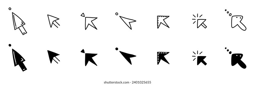 Doodle click icon set. Hand drawn mouse cursor button. Digital arrow pointer for website, computer application. Sketch vector illustration