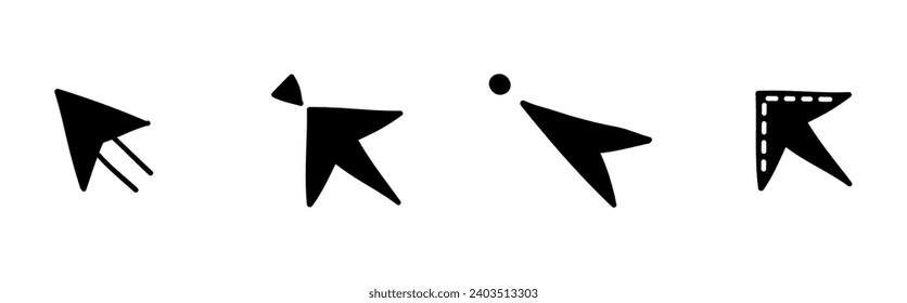 Doodle click icon set. Hand drawn mouse cursor button. Digital black arrow pointer for website or computer application. Vector illustration