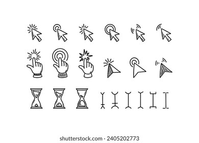 Doodle click icon set. Hand drawn mouse typing cursor. Press here tap button. Arrow and finger pointer. Sketch vector illustration. Hourglass clock time countdown symbol