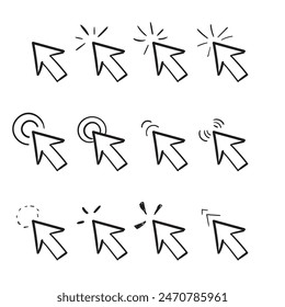 Doodle click icon set. Hand drawn mouse cursor