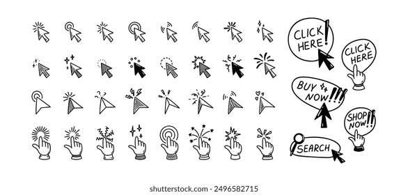 Doodle click icon set. Hand drawn mouse cursor. Press here tap button. Arrow and finger pointer. Sketch vector illustration. Design element for mobile app and web site