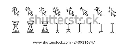 Doodle click icon set. Hand drawn mouse typing cursor. Press here tap button. Arrow and finger pointer. Sketch vector illustration. Hourglass clock time countdown symbol