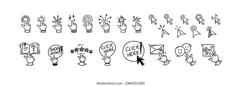 Doodle click icons set. Hand finger cursor pointer. Enable notifications. Customer five star rating and testimonials. Shop now and click here buttons. Subscribe to newsletter. Follow social media.