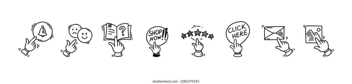 Doodle click icons set. Hand finger cursor pointer. Enable notifications. Customer five star rating and testimonials. Shop now and click here buttons. Subscribe to newsletter. Follow social media.