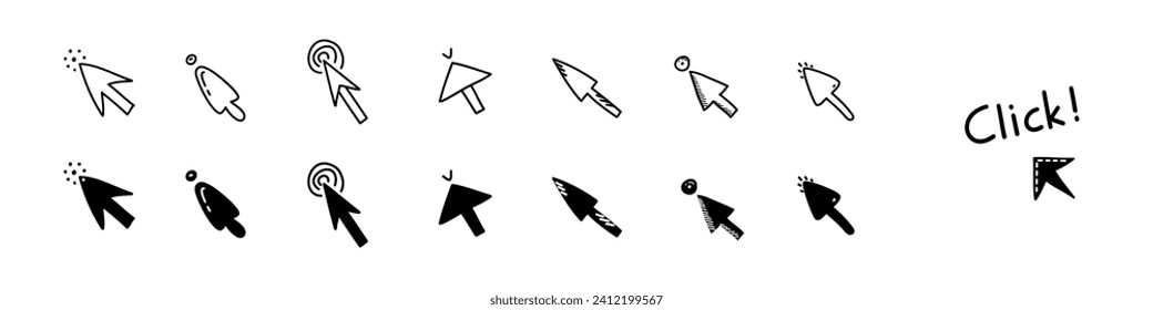 Doodle click mouse cursors. Different click buttons set with lettering for website or computer application, hand drawn vector arrow pointer