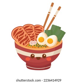 Doodle clipart. A bowl of delicious ramen, Asian traditional food. All objects are repainted.